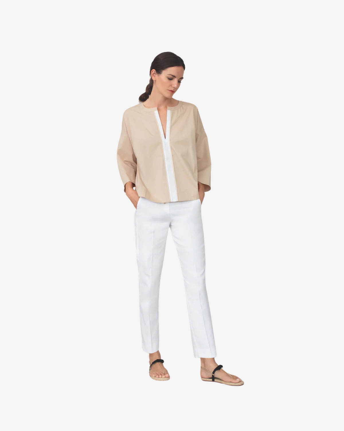 Wide V-neck Blouse Dark Beige